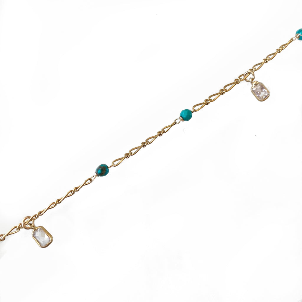 Turquoise Pearl CZ Gold Chain Anklet